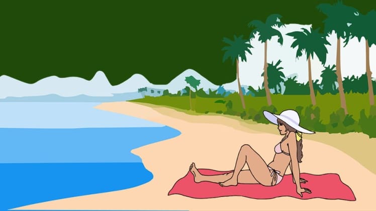 Wife goes on a beach with Husband sand started swimming at rough water